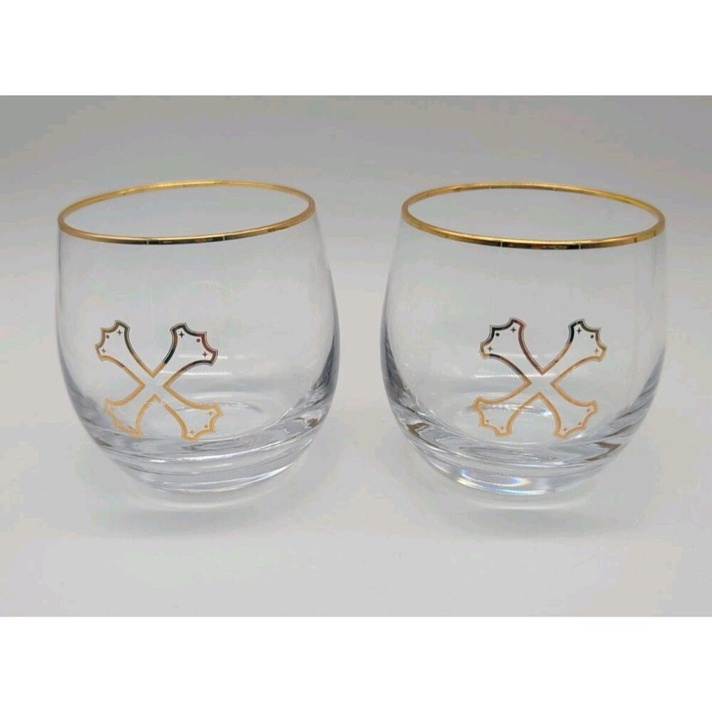 Bumbu Rum Crossbones Lowball Cocktail Glasses Gold Design Rims Set Of 2